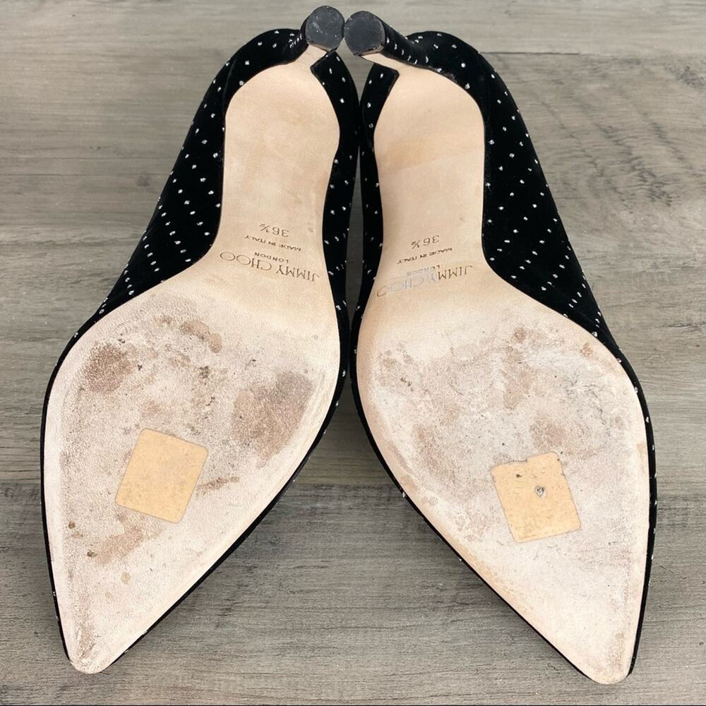 Jimmy Choo Romy 100 Silver Glitter Spotted BlackVelvet Pointy Toe Pumps Sz 6.5 - Picture 12 of 14